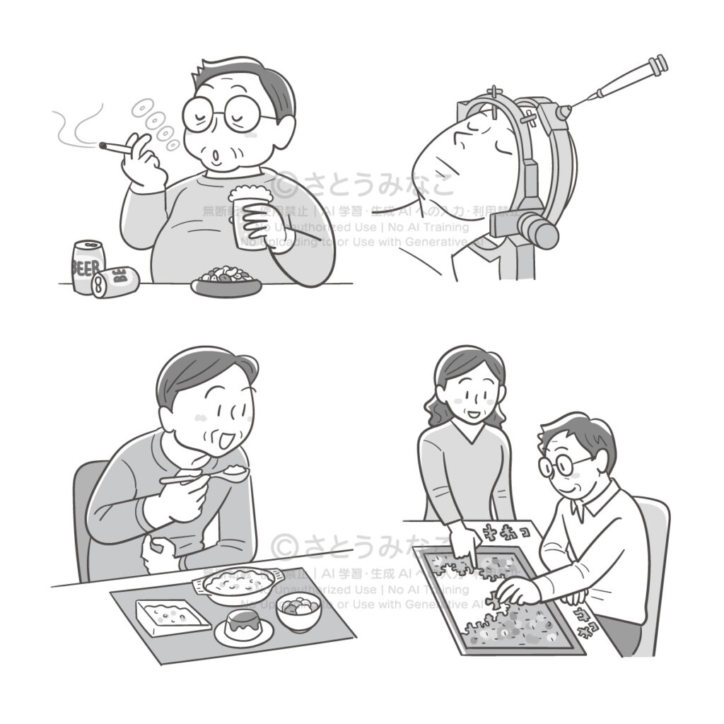 マンガでわかる リアル「脳卒中」|喫煙しながら飲酒する男性、治療中の男性、食事する男性、パズルする男性と女性