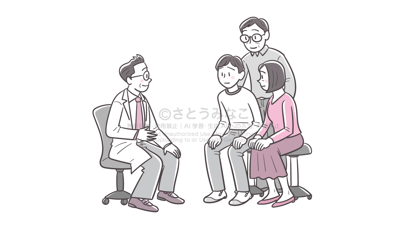統合失調症｜医師に相談する少年と両親