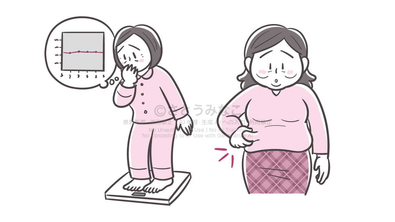 きょうの健康2021年2月号｜体重を測る女性、腹の肉をつまむ女性