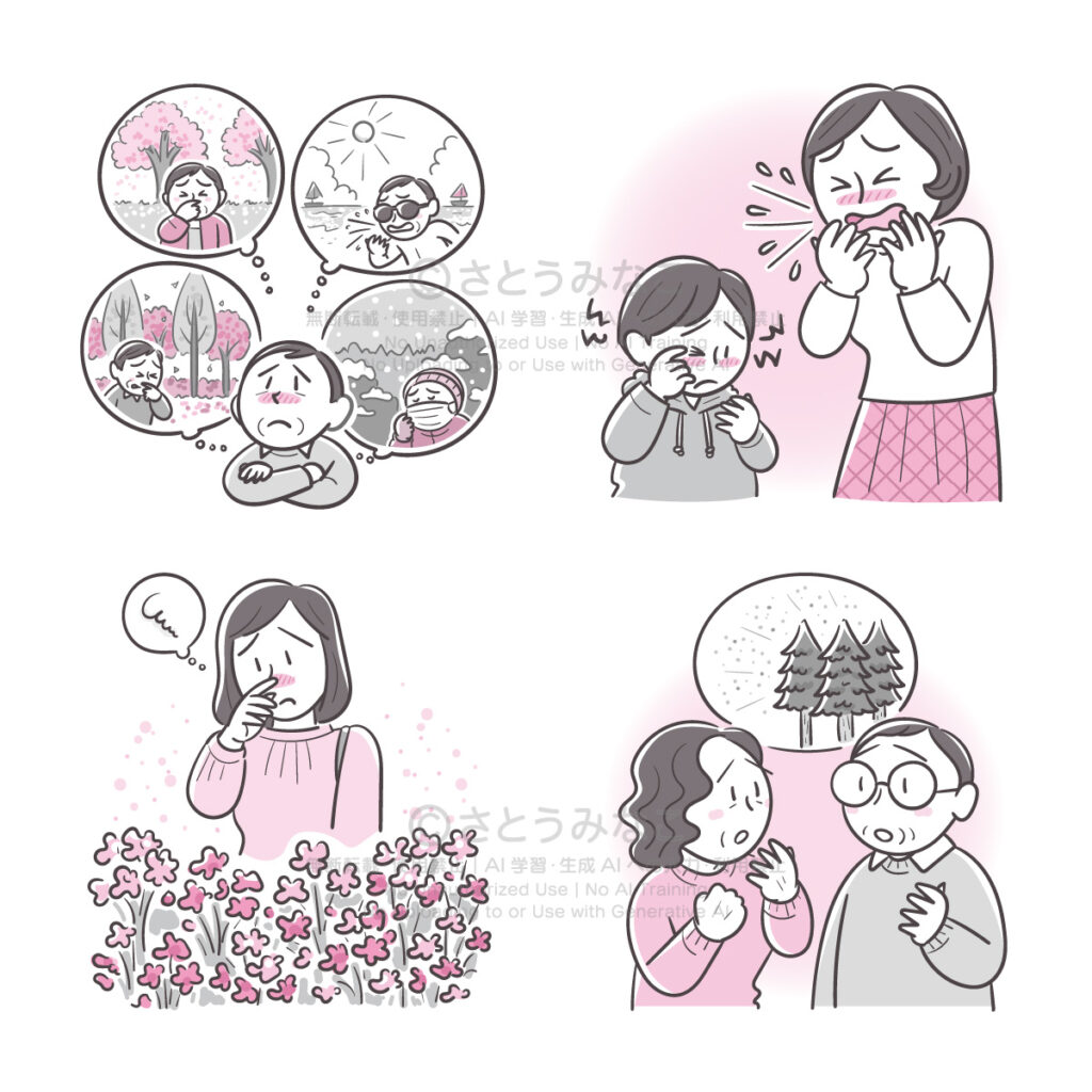 アレルギー症状を思い出す男性、くしゃみする女性と目がかゆい男児、花畑でアレルギーを起こす女性、スギ花粉を心配する男女