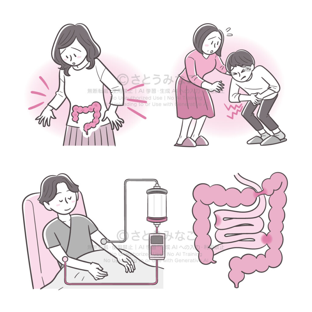 きょうの健康2022年3月号｜女性と大腸、腹痛を起こす男児と心配する母親、治療する男性、大腸と小腸