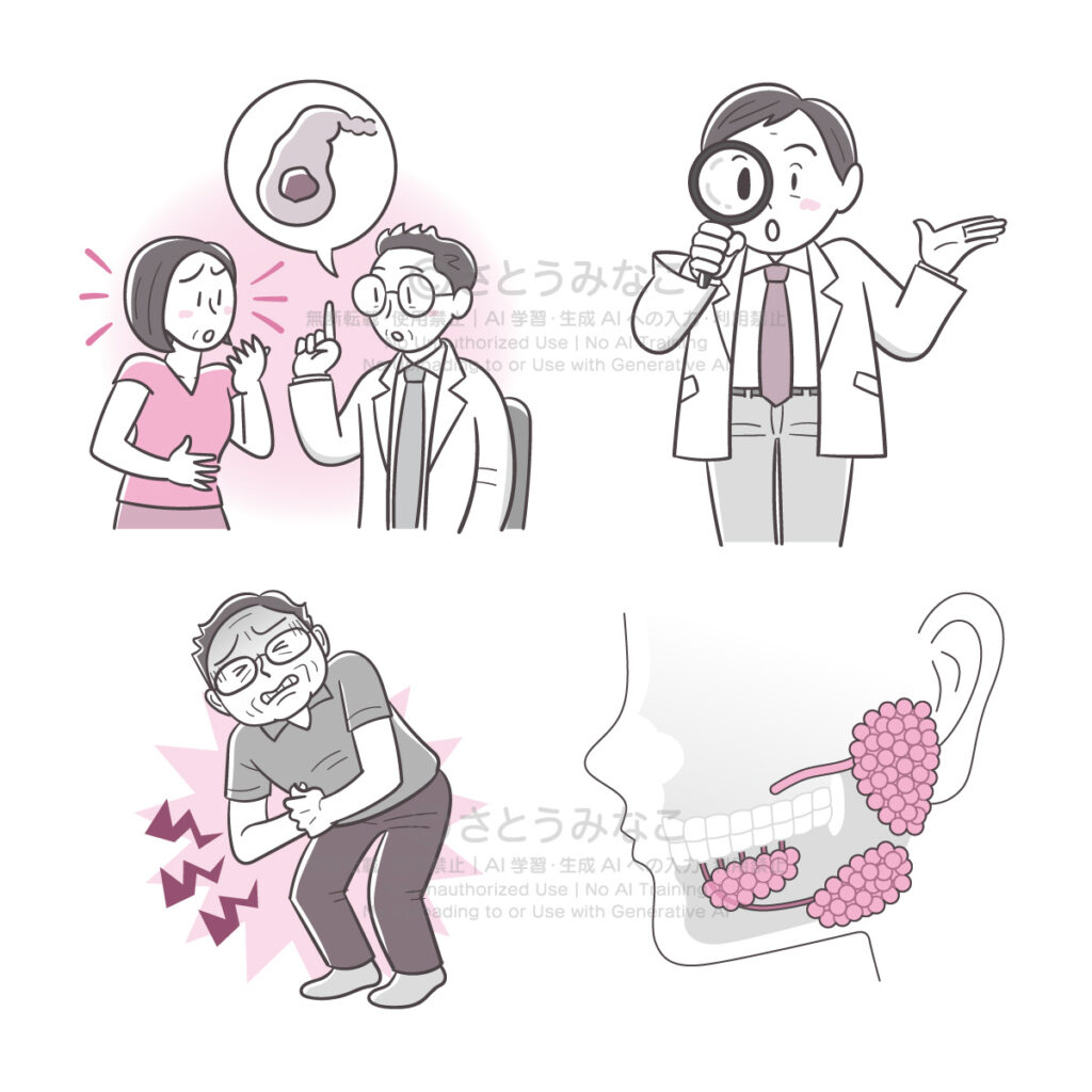 きょうの健康2022年7月号|医師の診断に驚く女性、虫眼鏡を持つ医師、脇腹が痛む男性、顎の図解