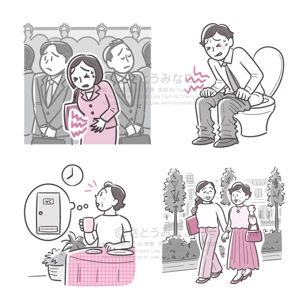 電車内で腹痛になる女性、トイレで腹痛になる男性、朝食をとる女性、街を歩く女性2人