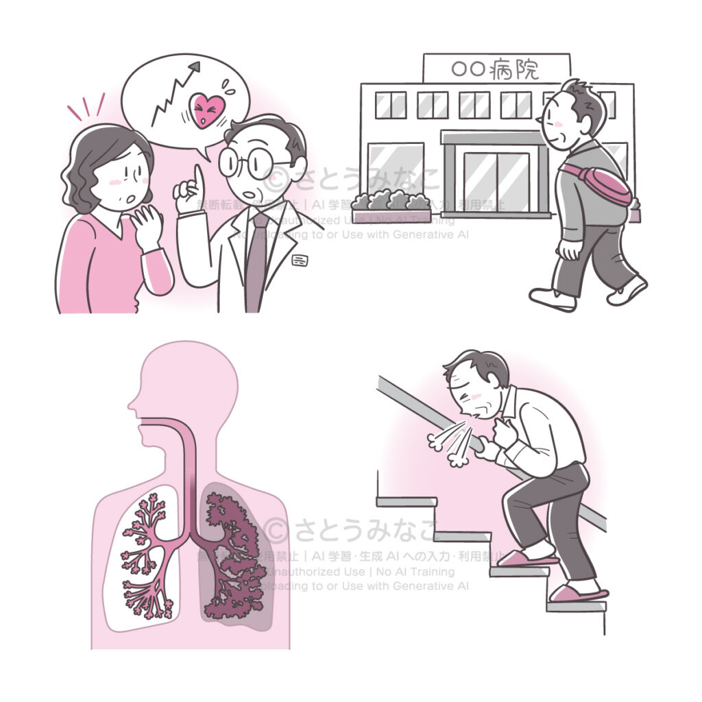きょうの健康2023年10月号|医師に説明され驚く女性、病院へ向かう男性、肺の図解、苦しそうに階段を上る男性
